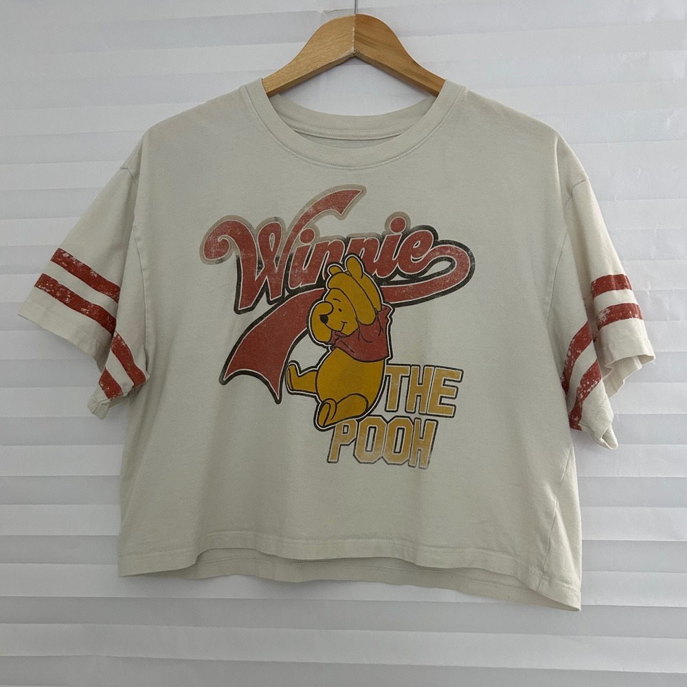 Disney Winnie the Pooh Graphic T-Shirt XL Cream Red Varsity Stripe Boxy Crop